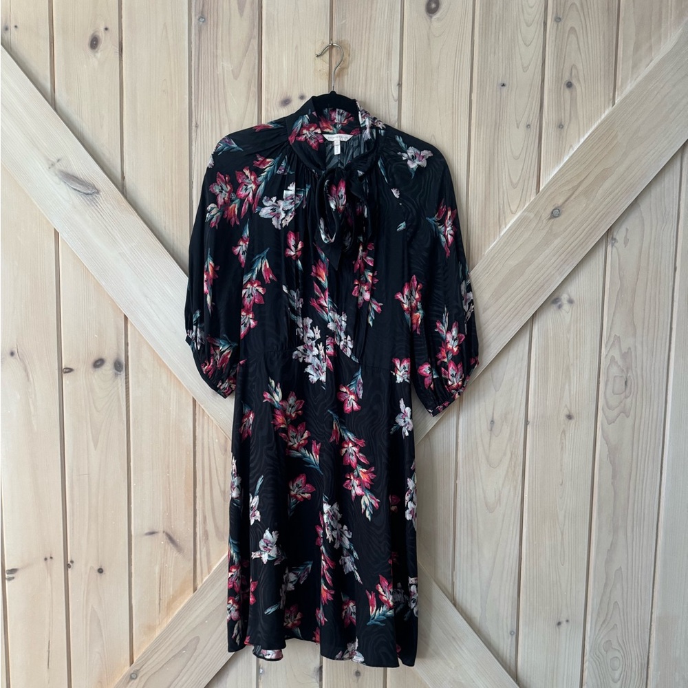 Rebecca Taylor Black Floral Tie-Neck Midi Dress